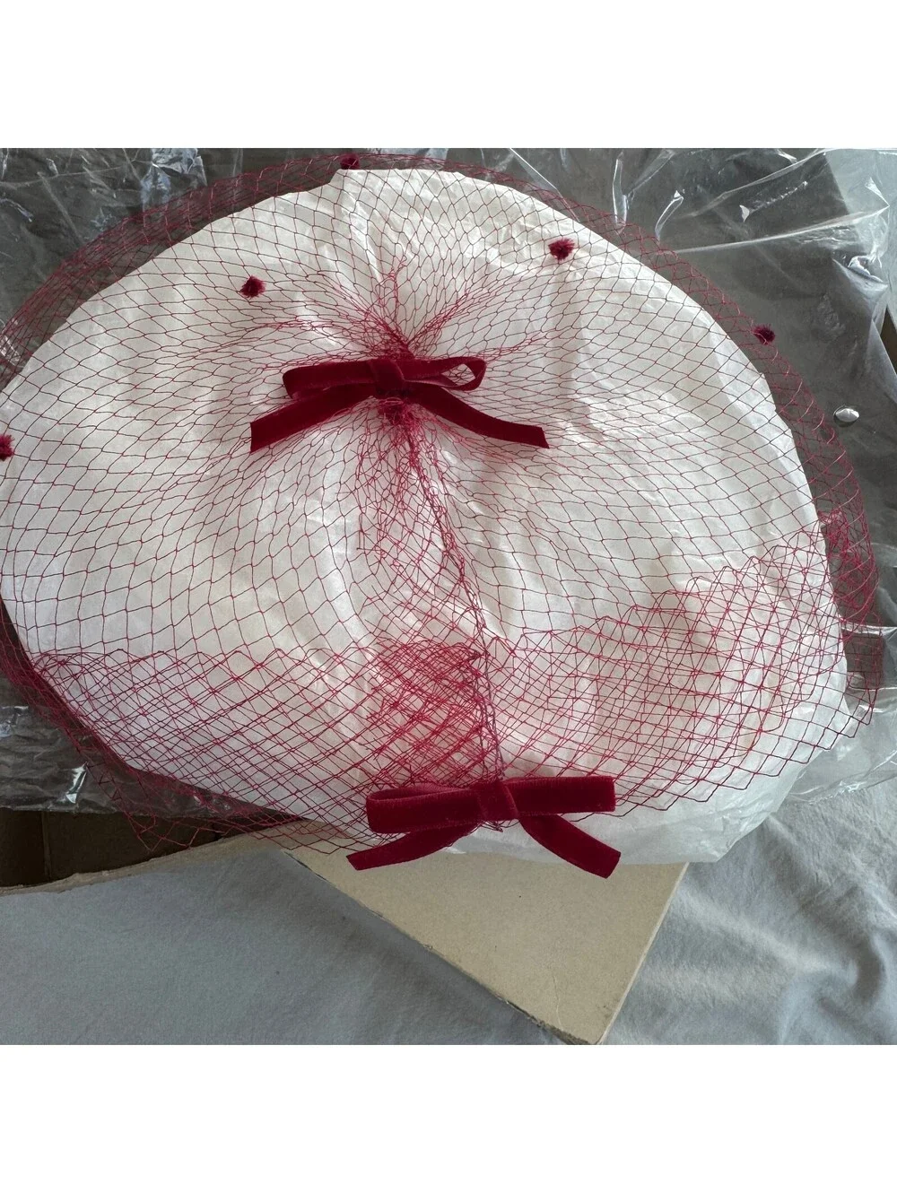 Vintage 1950s-1960s Birdcage Fascinator Hat Burgundy Nylon Mesh Velvet